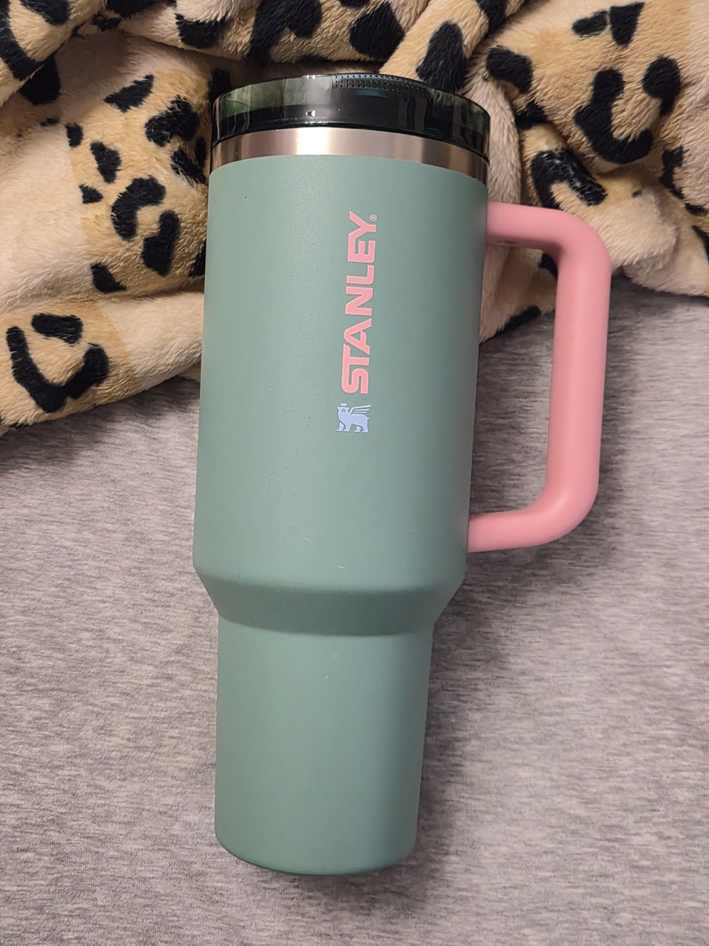 Stanley Green Tumbler with Pink Handle